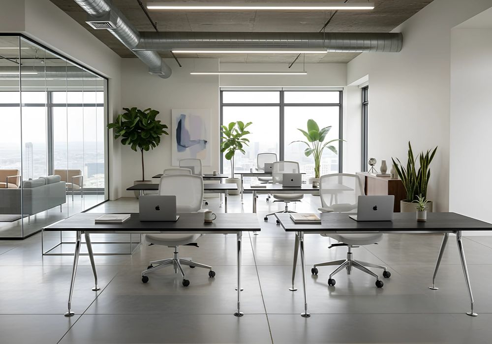 ORFE fémlábas íróasztalok modern open office irodában, antracit asztallappal és króm lábszerkezettel, operatív munkaállomásokhoz