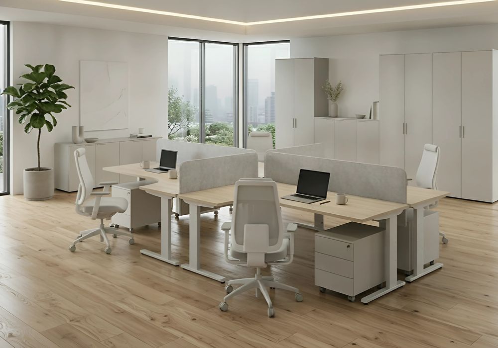 4 személyes T-lábas munkaállomás tölgy színű asztallappal, fehér lábszerkezettel és paravánnal modern open office iroda enteriőrben.